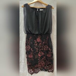 Calvin Klein Black and Burgundy Embroidered Midi Dress